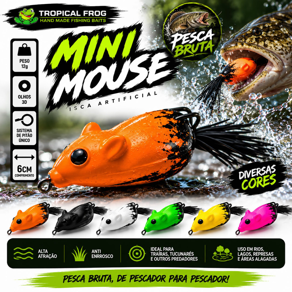 Isca Artificial Mini Mouse Tropical Frog 6cm 12g Anti Enrosco para Traíra Tucunaré Pesca de Superfície