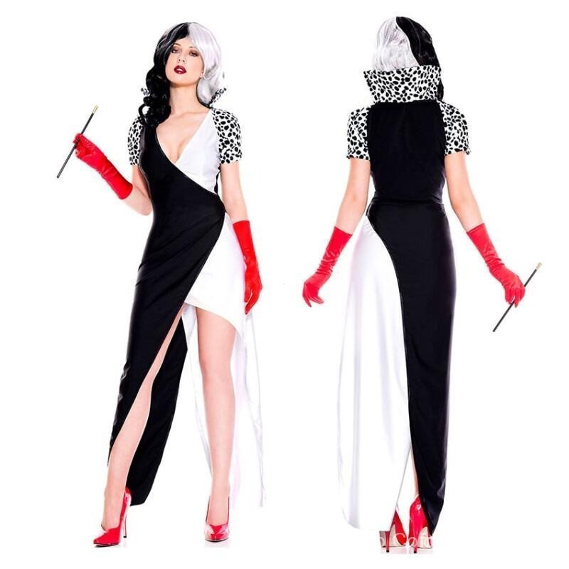 Fantasia de Bruxa Cruella De Vil, Vestido Longo Preto e Branco com Mangas Curtas para Halloween e Festa de Carnaval RXQF
