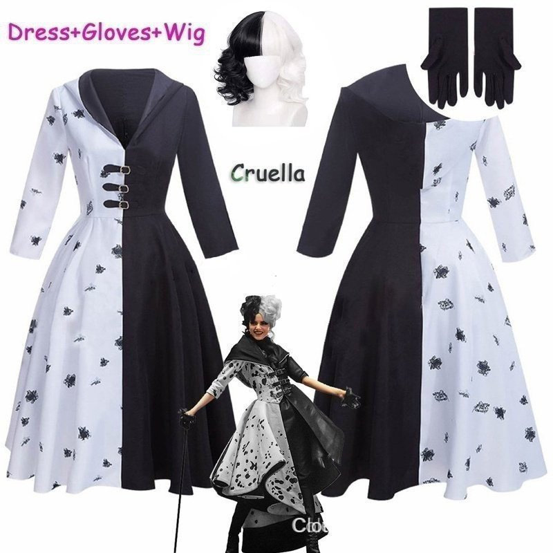 Fantasia de Cruella De Vil 2 Estilos Vestido Preto e Branco com Luvas Saia Perucas Festa de Halloween WES FGYM IJS3 BBRM
