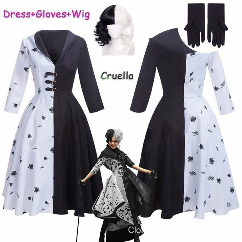 Fantasia Cruella De Vil GNSM 2 Estilos Vestido Preto e Branco com Luvas Saia Perucas Festa de Halloween WES FGYM IJS3 BB