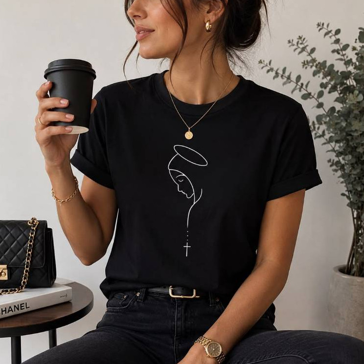Camiseta Feminina Algodão Cristã Religiosa Virgem Maria Estampada Igreja Fé Unissex Envio Imediato Casual Imaculada