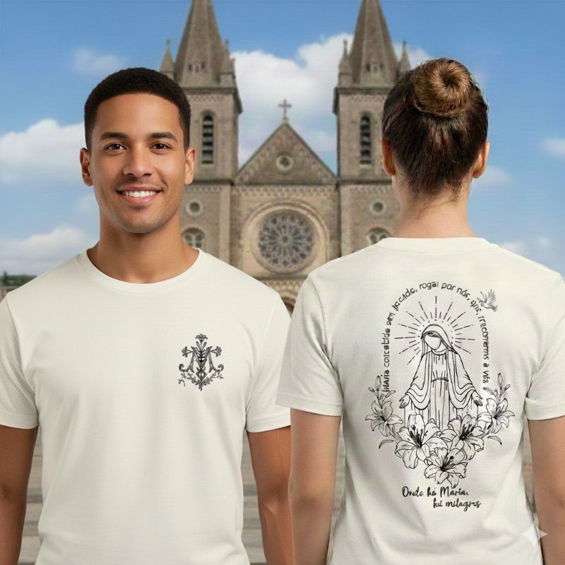 Camiseta casual Unissex religiosa católica Ave Maria (100% Algodão Premium)gente e costas na cor off-white