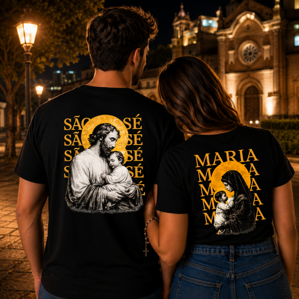 Kit 2 Camisetas Casal Católico Maria e José Cristã Algodão Tshirt Casual Confortável Básica Unissex