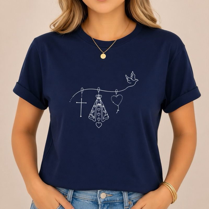 Camiseta Católica Santa Maria Estampa Minimalista T-Shirt Religiosa Feminina Estilo Casual