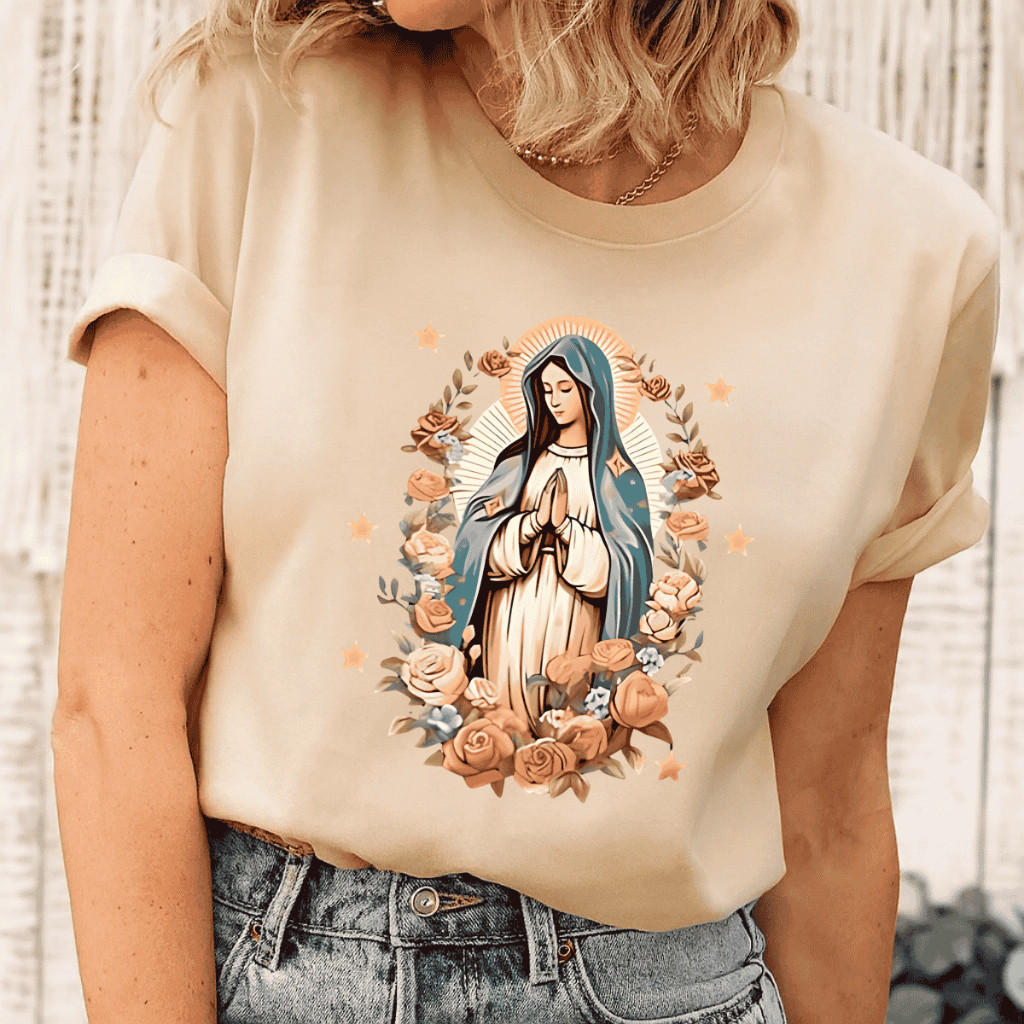 Camiseta Camisa Blusa Feminina Estampada Virgem Maria 100% Algodão Básica Casual Católica