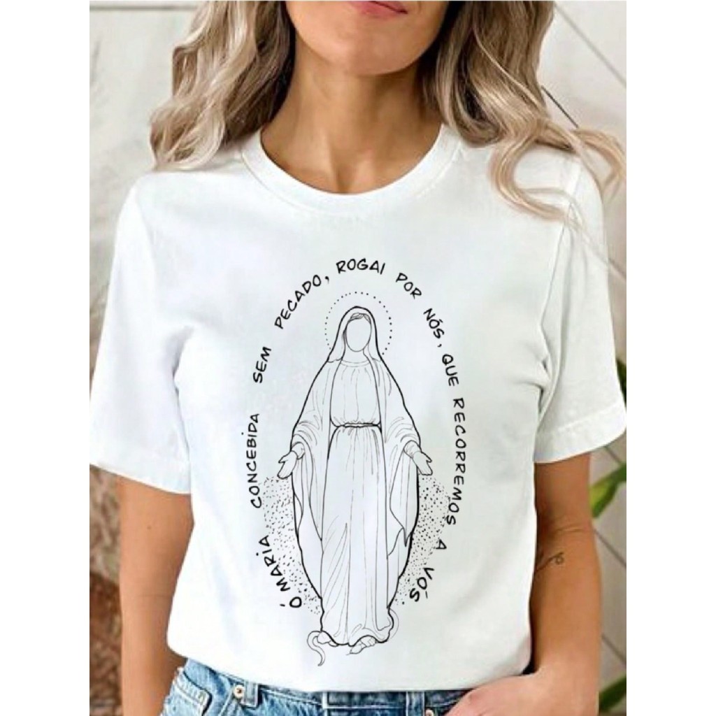 Camiseta Premium em Algodão Puro Blusa cristã t-shirt 'ó Maria concebida sem pecado' camiseta de moda casual