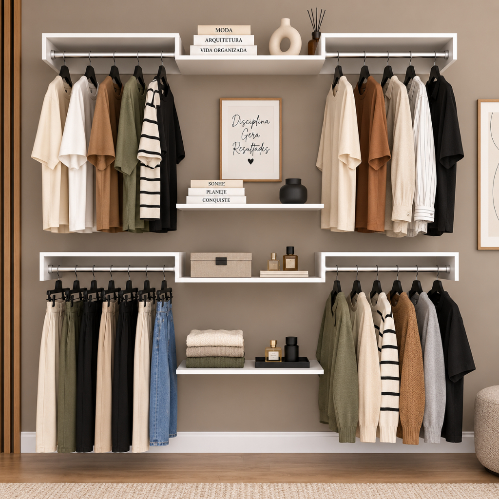 Kit Closet Aberto Suspenso C/ Cabideiros e Prateleiras Modulável Organizador Roupeiro   60cm - 106