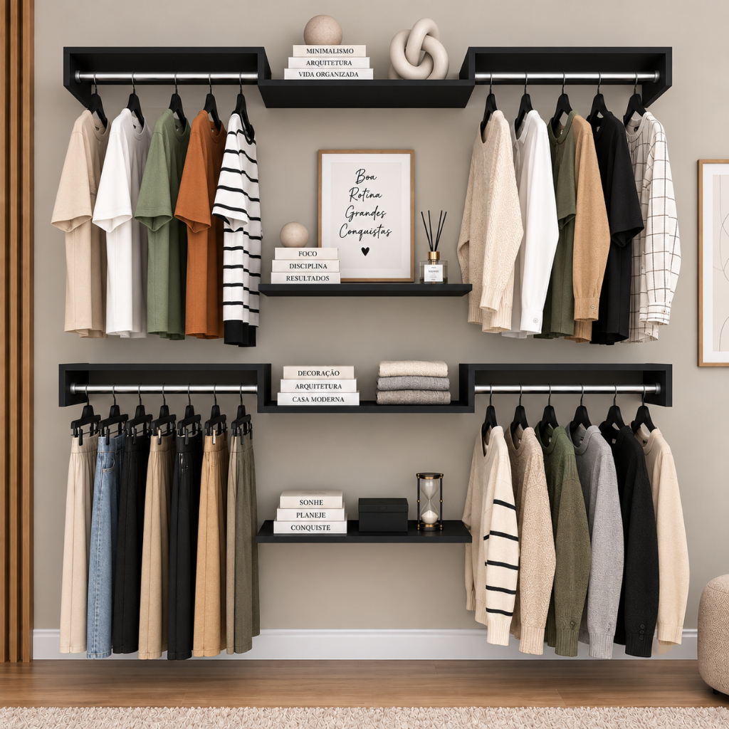 Kit Closet Aberto Suspenso C Cabideiros e Prateleiras  60cm - Modulável Organizador Roupeiro -106