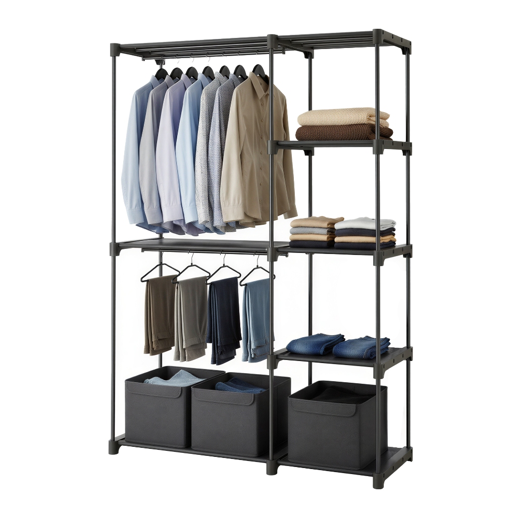 SONGMICS Guarda-Roupa Closet com Prateleiras Aço INOX, Cabideiro de chão, 165cm Organizador de Roupas