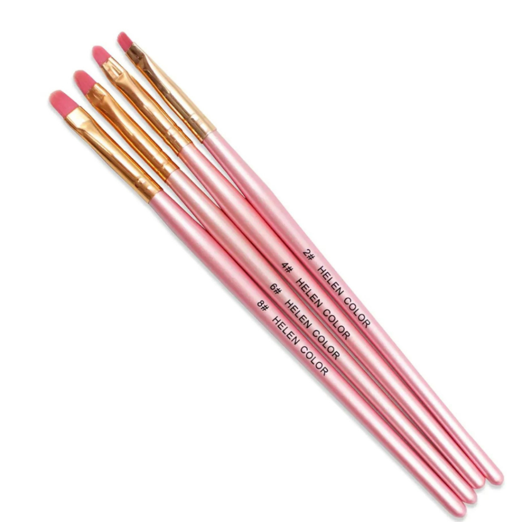 Kit de Pincéis Profissionais Helen Color #2, #4, #6 e #8 – Cabo Longo Rosa Metálico