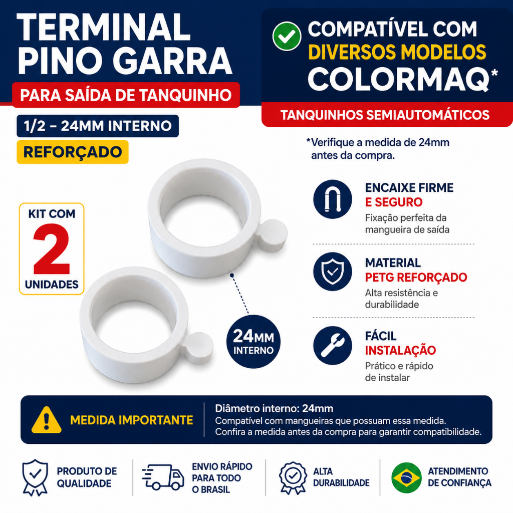 Kit 2 Terminal Pino Garra Colormaq Tanquinho Saída Mangueira 24mm Reforçado