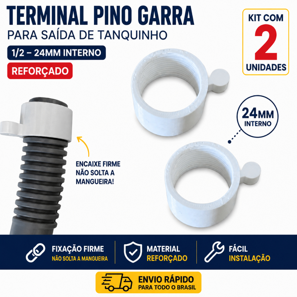 Kit 2 Terminal Pino Garra Mangueira Saída Tanquinho 1/2 24mm  Reforçado