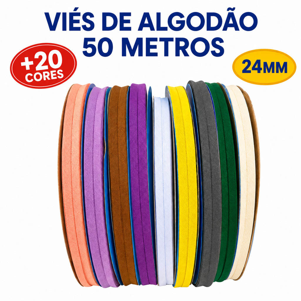Vies Fino Estreito Colorido Liso Acabamento Algodão 24mm 50 metros Peripan Destaque Cinderela Rolo 50m