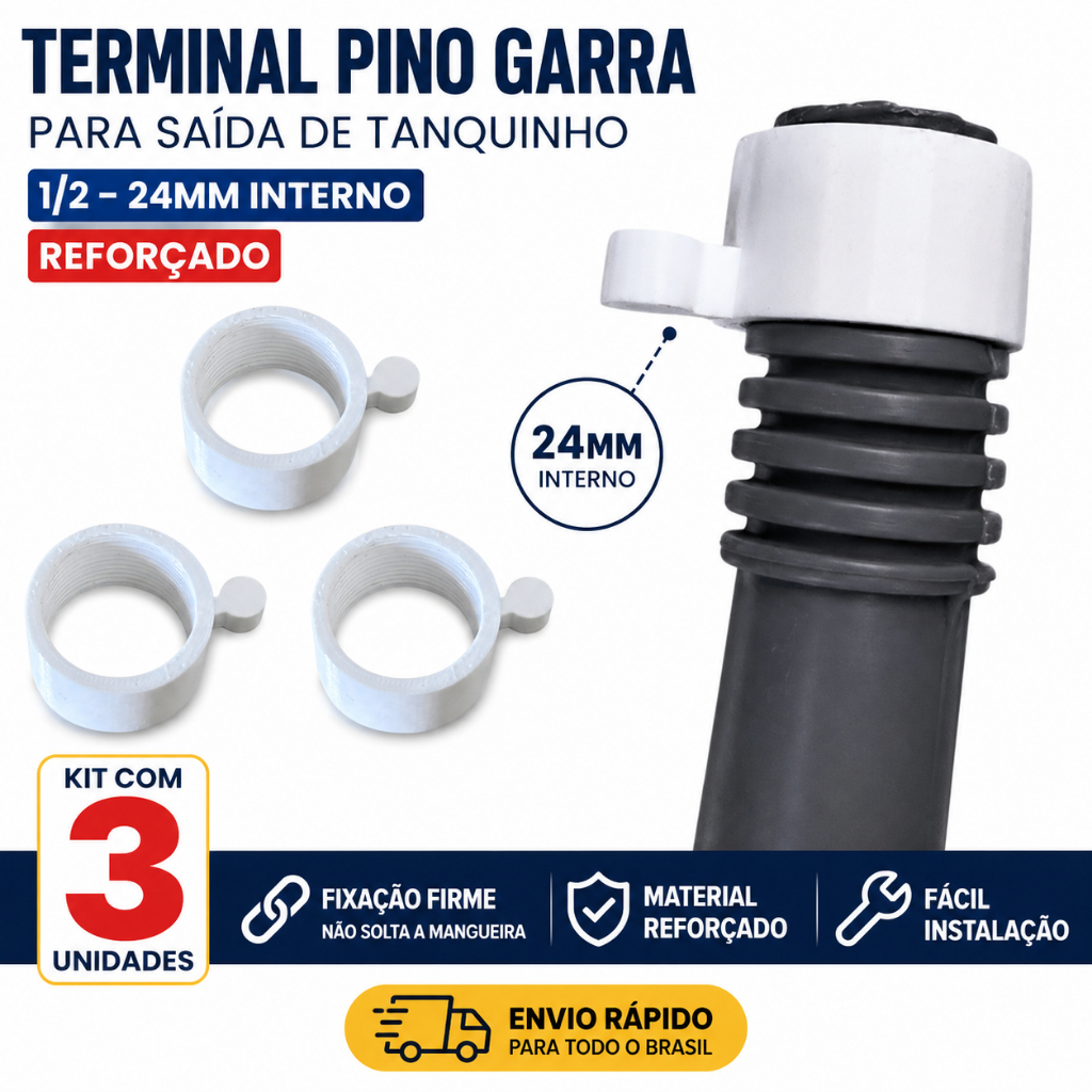 Kit 3 Terminal Pino Garra Mangueira Saída Tanquinho 1/2 24mm Interno Reforçado