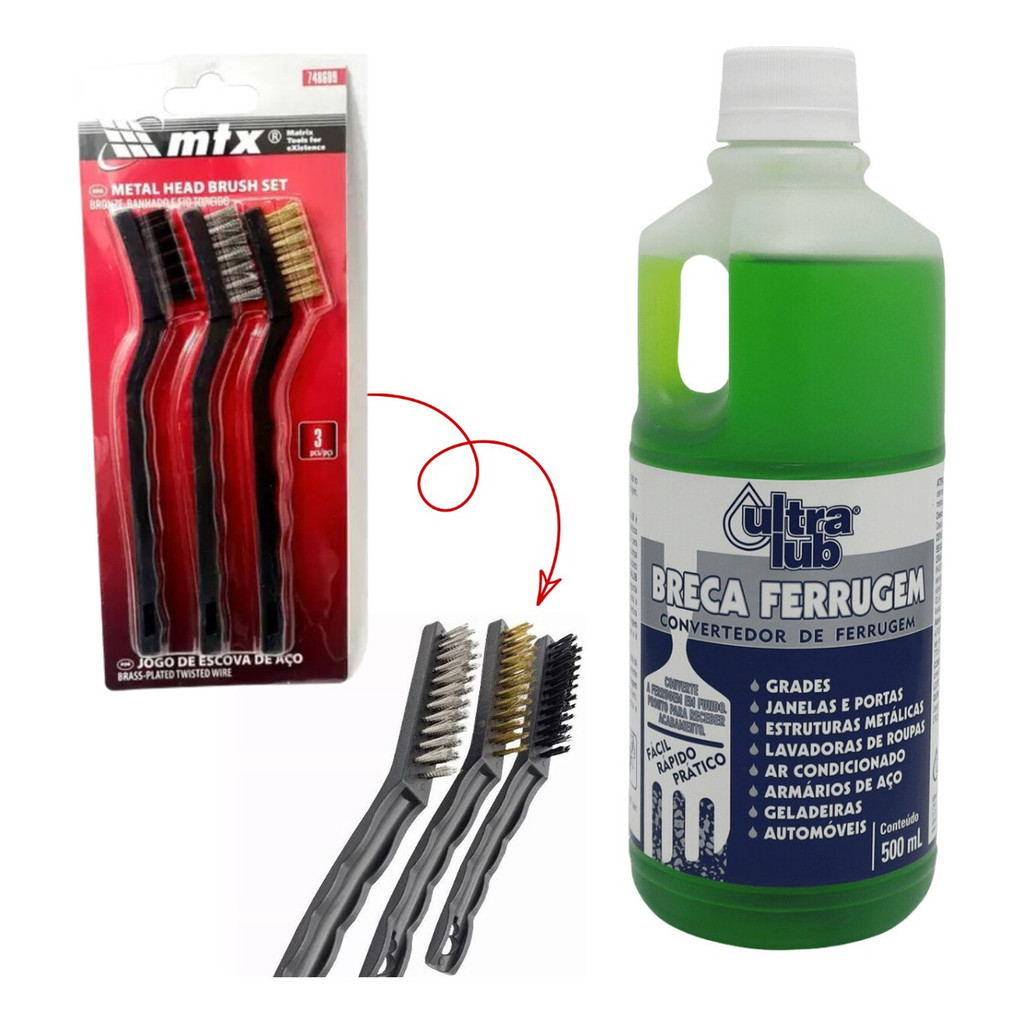 Kit 3 Escovas Aço e Removedor De Ferrugem Neutralizador  500