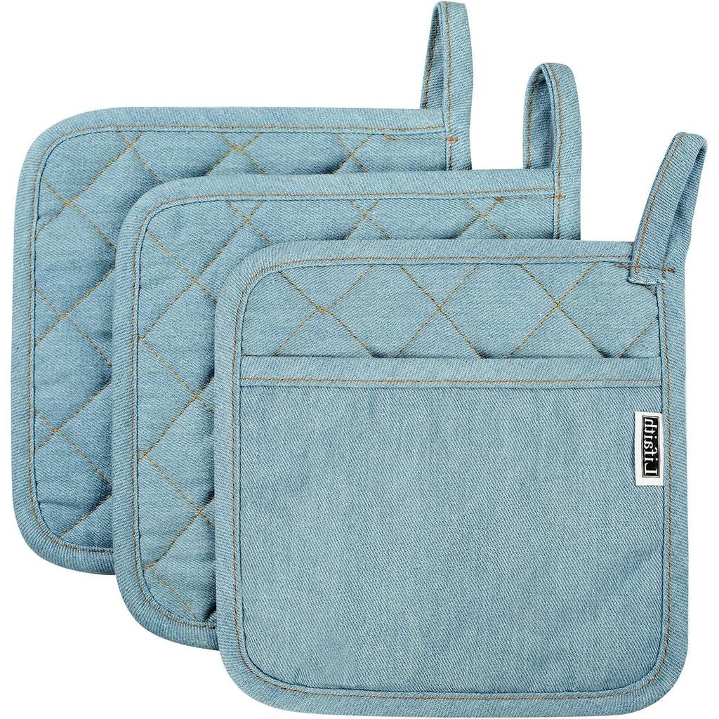 Denim Potholders Kitchen Everyday Basic 8 Inch 100% Cotton Pot Holder Heat Resistant Large Coaster Hot Pads Kit Trivets