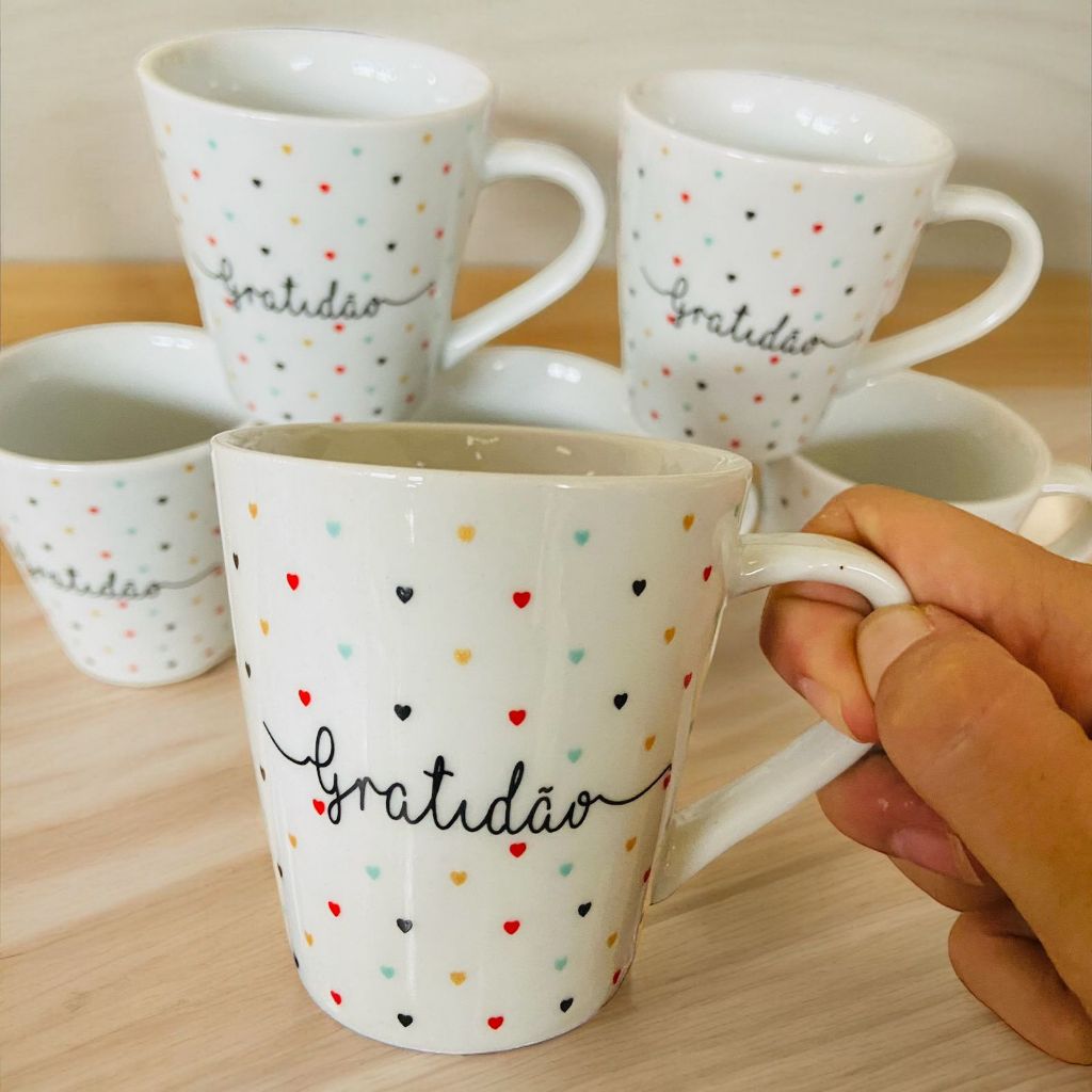 Jogo 4 xícaras Branca 120ml Café Chá Porcelana decoradas Gratidão Faixa