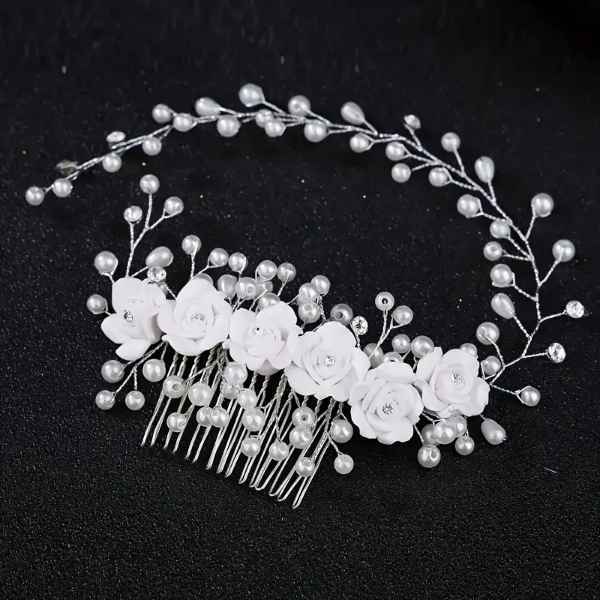Arranjo de cabelo elegante e requintada feita à mão com Rosas Brancas, estilo princesa fada com flor branca de Strass