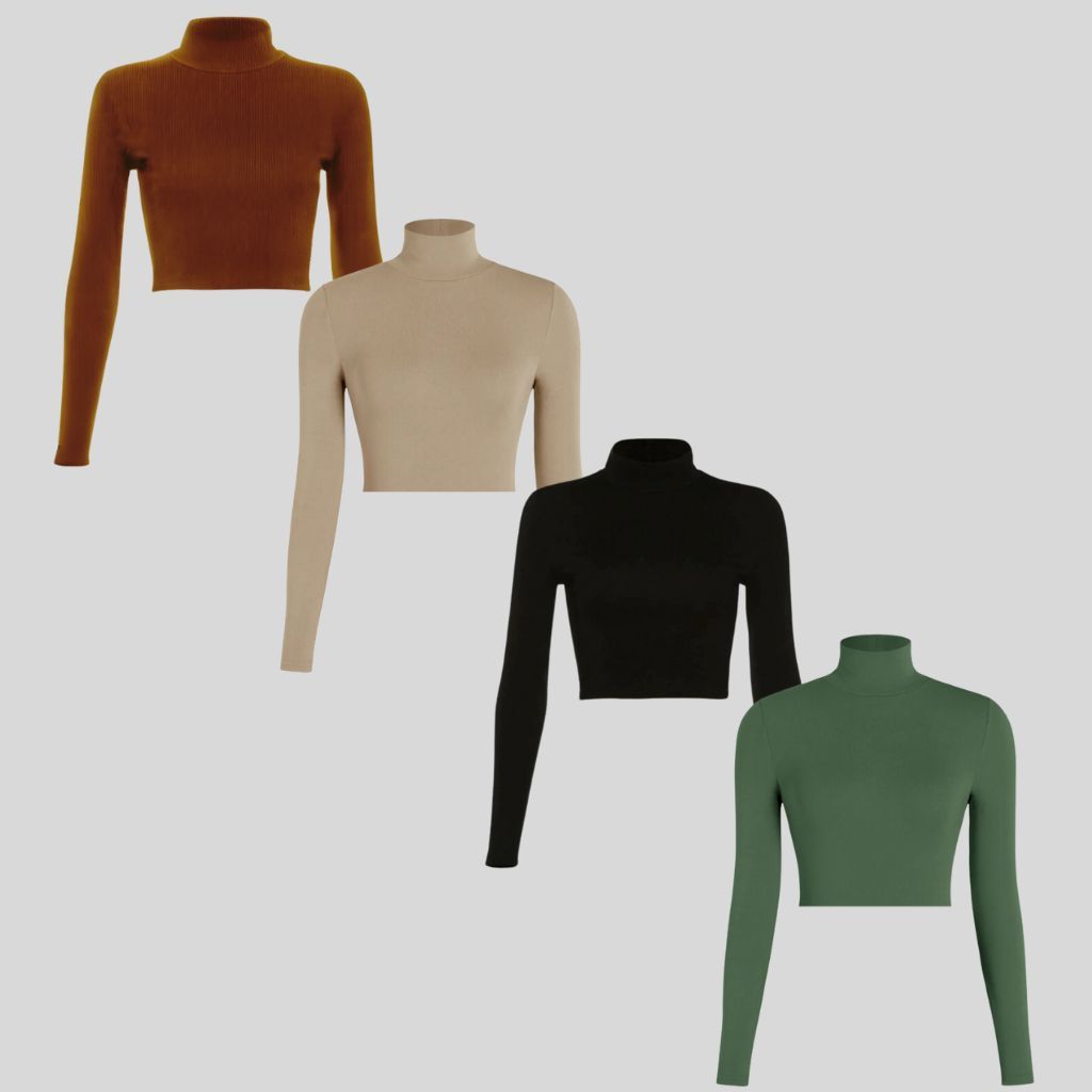 Kit 4 Croppeds Feminino Manga Comprida Gola Alta Canelada Cores Neutras Marrom Nude Branca