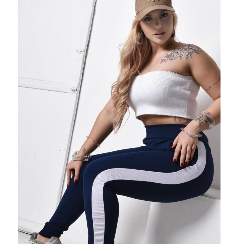 Calça Feminina Academia Malha Crepe Faixa Lateral Branca Casual Trabalho Cintura Alta Confortável