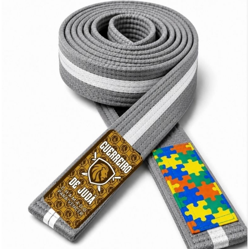 Faixa cinza/ branca de jiu-jitsu tarja AUTISMO