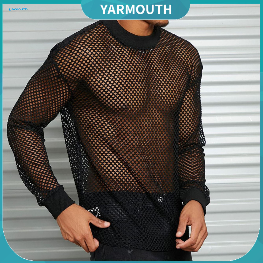 Men Black Mesh Top Party Tee Men's Long Sleeve See-through T-shirt Ultra Thin O-neck Stretchy Loose Fit Muscle-enhancing