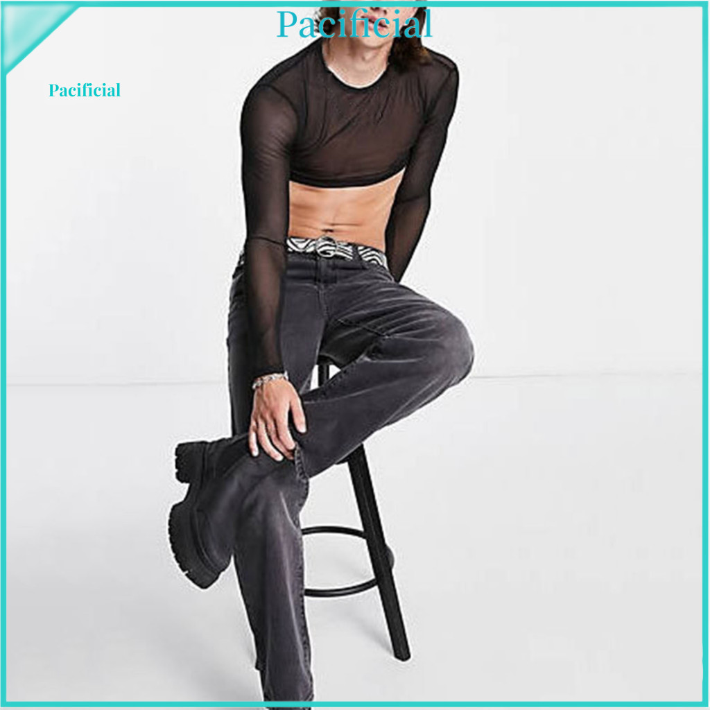 Men Solid Color Crop Top Shirt Men's See-through Mesh Long Sleeve Ultra-thin Elastic O-neck Skinny Fit Waist-exposure Pa