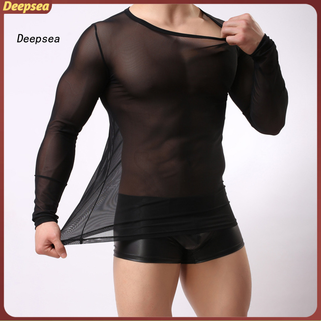 Men's Mesh Long Sleeve Slim Fit T-shirt Ultra Thin See-through O-neck Top Stretchy Solid Color Party Dance Performance W