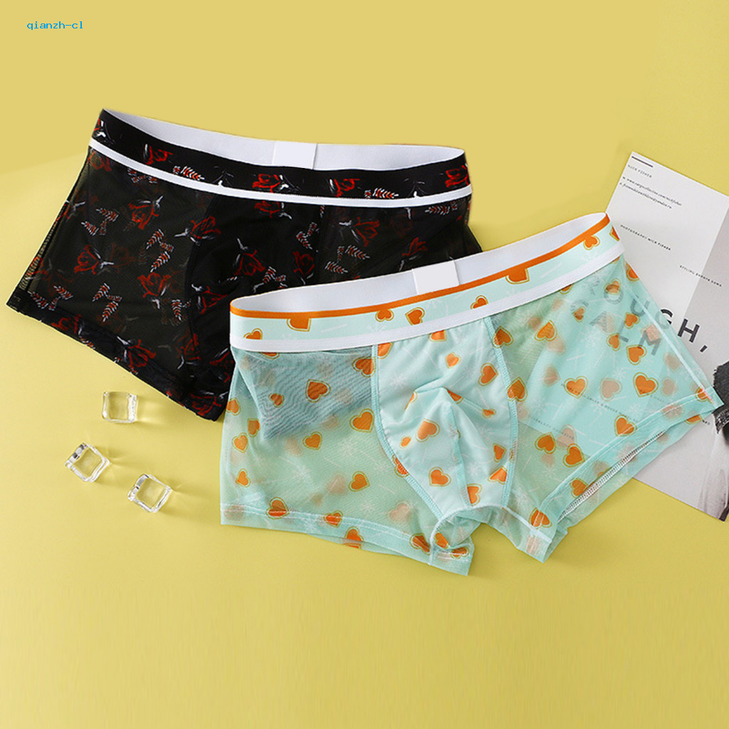 Soft Mesh Fabric Boxers Printing Boxer Briefs Men's Low-rise Seamless Slim Fit Ice Silk Underwear Ultra-thin Breathable