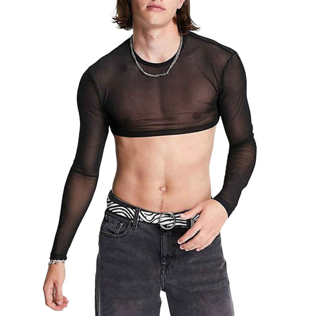 Men Solid Color Crop Top Breathable Long Sleeve Men's See-through Mesh Ultra-thin Elastic O-neck Shirt Skinny Fit Waist-