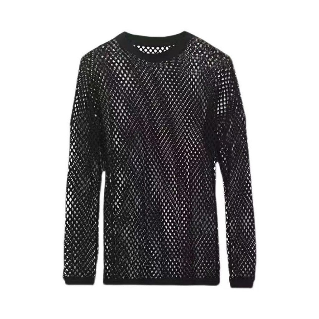 Men Mesh Shirt Black Top Men's Long Sleeve T-shirt Ultra Thin See-through O-neck Stretchy Loose Fit Muscle-enhancing Par