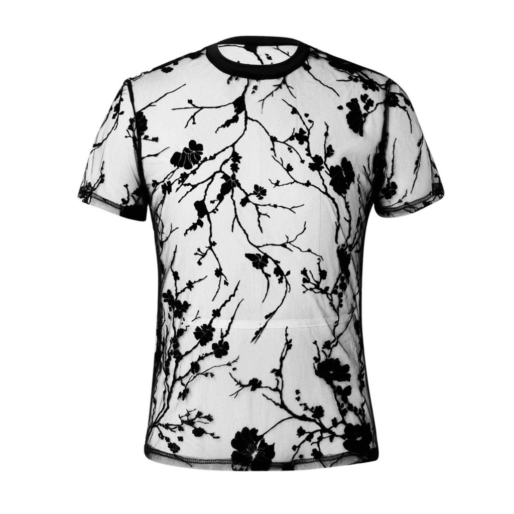 Round Neck Short Sleeve Top See-through Mesh Tee Men's Floral Embroidery Slim Fit T-shirt Ultra-thin Party for Bartender