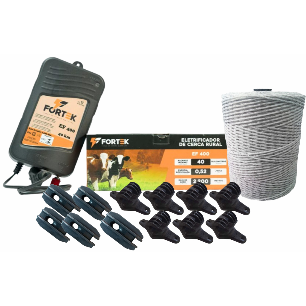 1 Eletrificador de cerca FK40 0,4J + 100 W Slin PT - 500m. Fio Eletroplastico BR