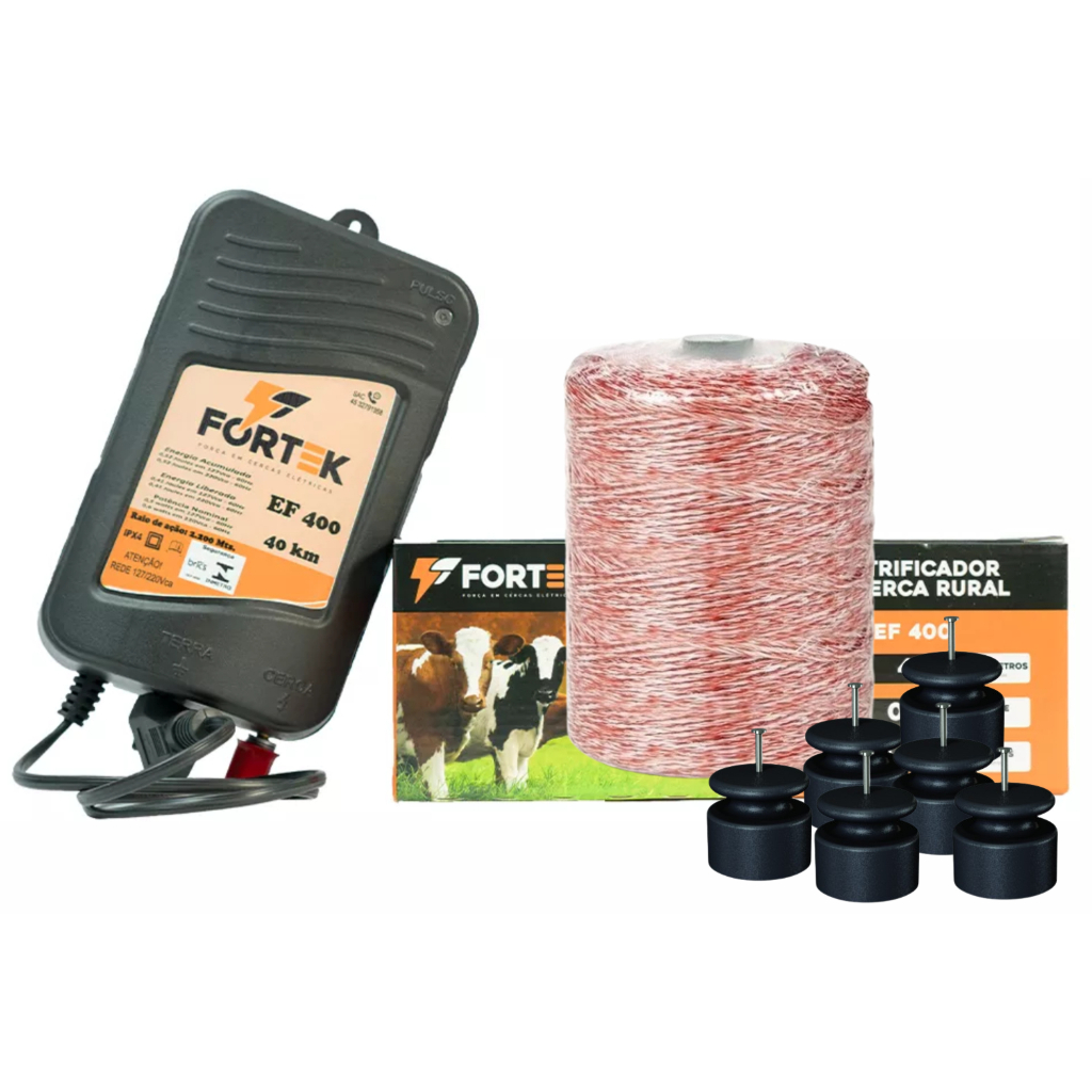 01 Eletrificador de Cerca Rural FK40 + 100m Fio Eletroplastico + 50 Roldana RMPT