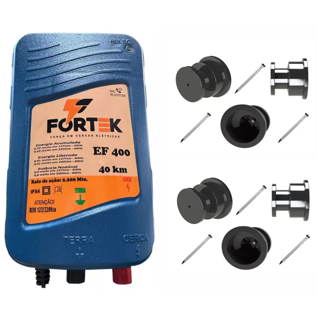 01 Cerca eletrica rural FK40 + 100 Isolador roldana 30x30 PT c/ prego.