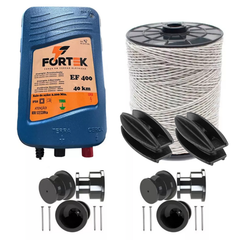 01 Eletrificador FK40 Bivolt - 200m Fio Eletro BR + 50 Roldana 30x30 PT + 10 Castanha COPT