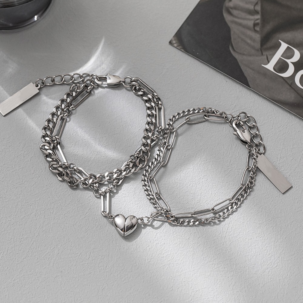 Par de pulseira de casal com costura de coração magnético, pulseira de corrente de aço de titânio de empilhamento de cam