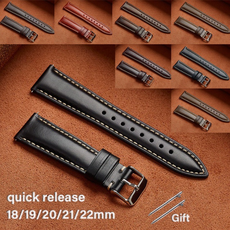 Retro Cera De Óleo Pulseira De Relógio De Couro Genuíno 18mm 19mm 20mm 21mm 22mm Liberação Rápida Universal Costura Masc