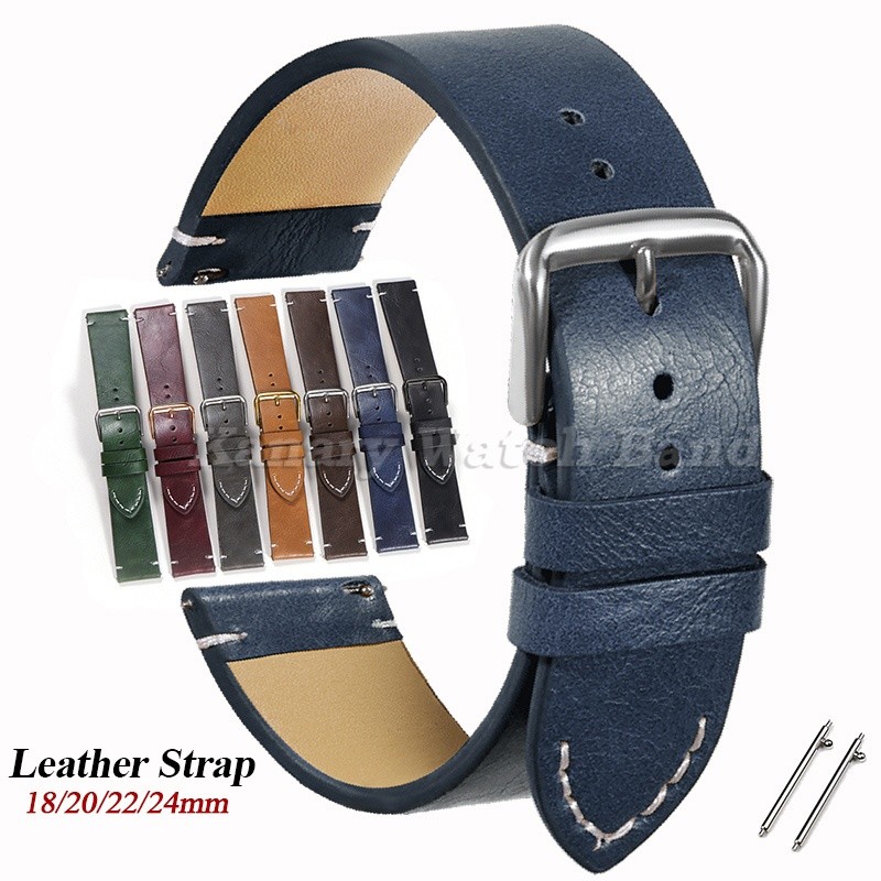 Pulseira De Relógio De Couro Genuíno Universal 18mm 20mm 22mm 24mm Liberação Rápida Costura Vintage Masculino Feminino C