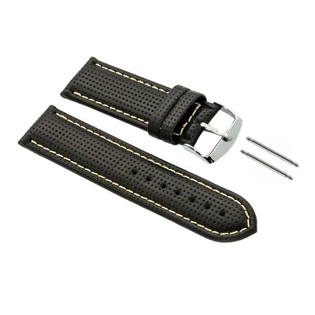 Pulseira de Relógio Couro Preta Costura Amarela Modelo 78am