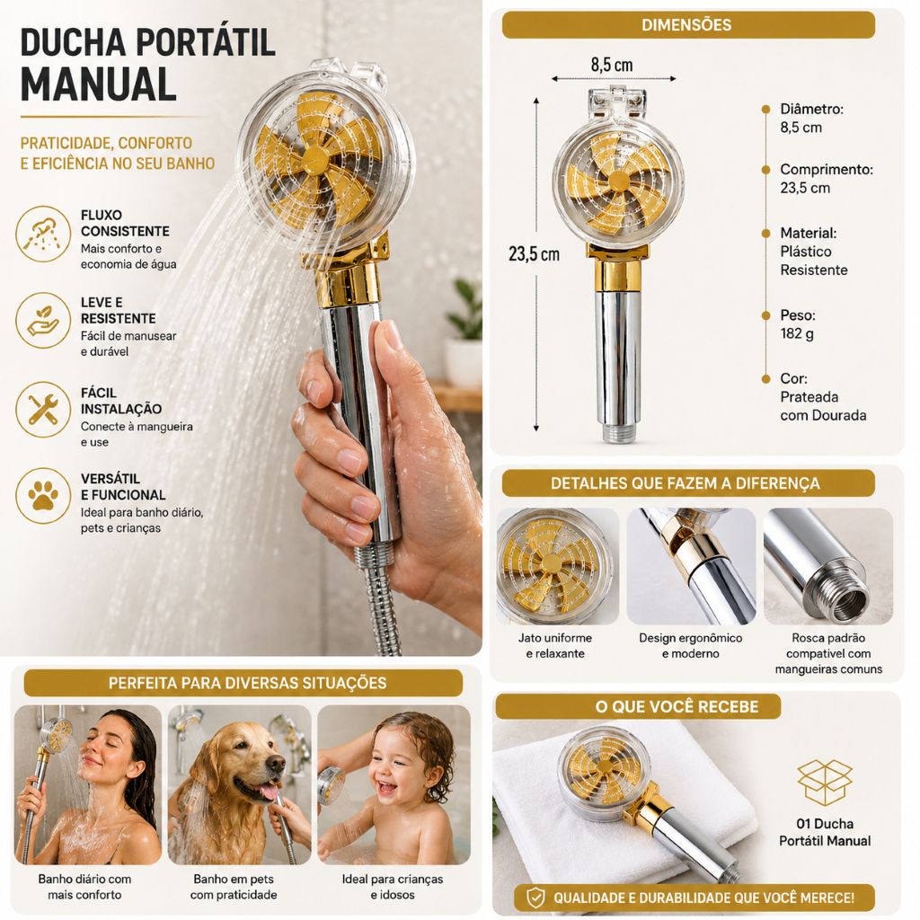 Ducha Portatil Manual Camping Viagem Banho Externo Portatil Facilidade Uso