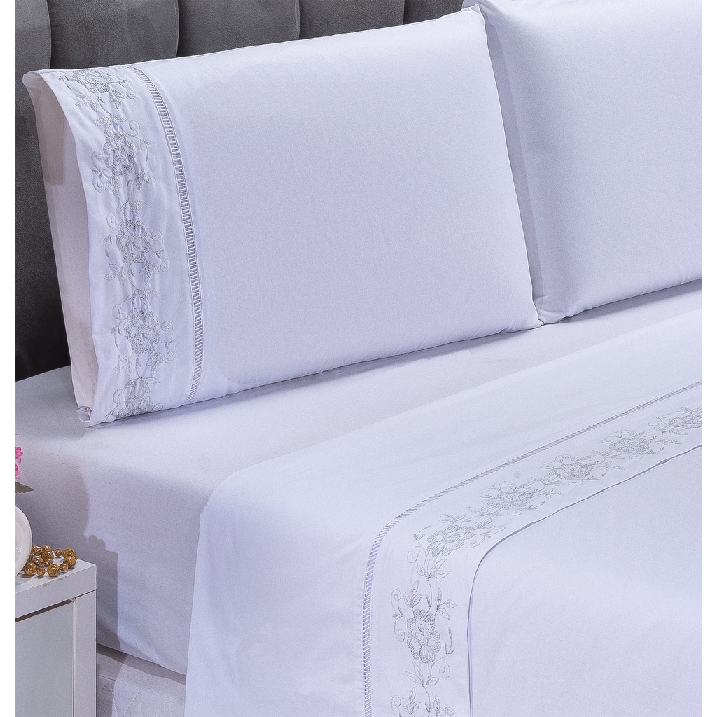 Jogo Lençol Casal Cama Box Padrão Bordado Floral Branco 4pçs Percal 200 Fios