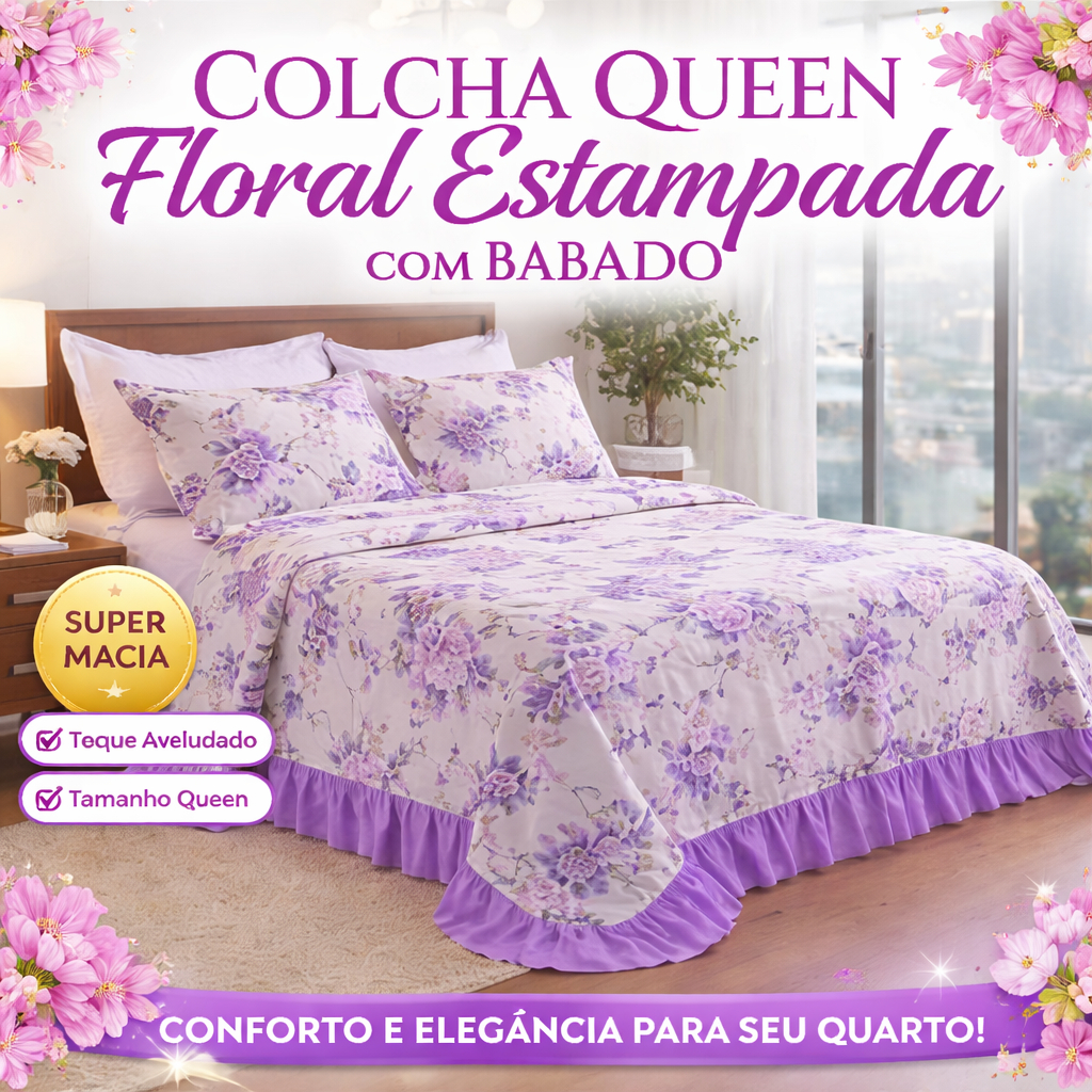 Colcha Queen Floral Estampada Com Babado Toque Macio Confortável Luxo Para Cama Box Posta