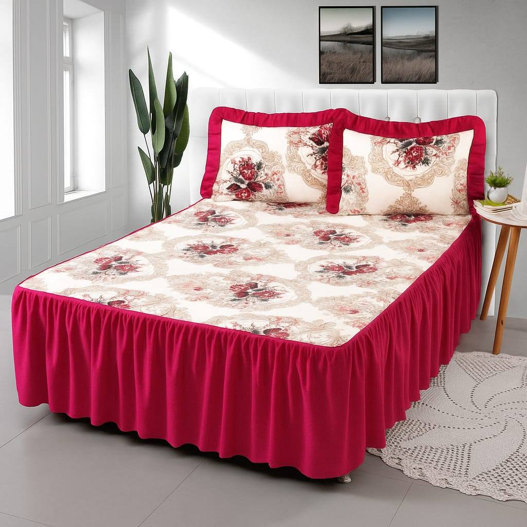 Colcha Casal Cama Box Estampada Floral Com Babado 2.50 x 2.70, Kit 3 Peças