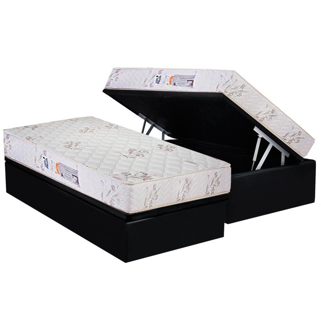 Conjunto Box Baú Solteiro: Colchão Espuma Luckspuma D33 Supreme Floral + Base CRC Suede Black(88x188)