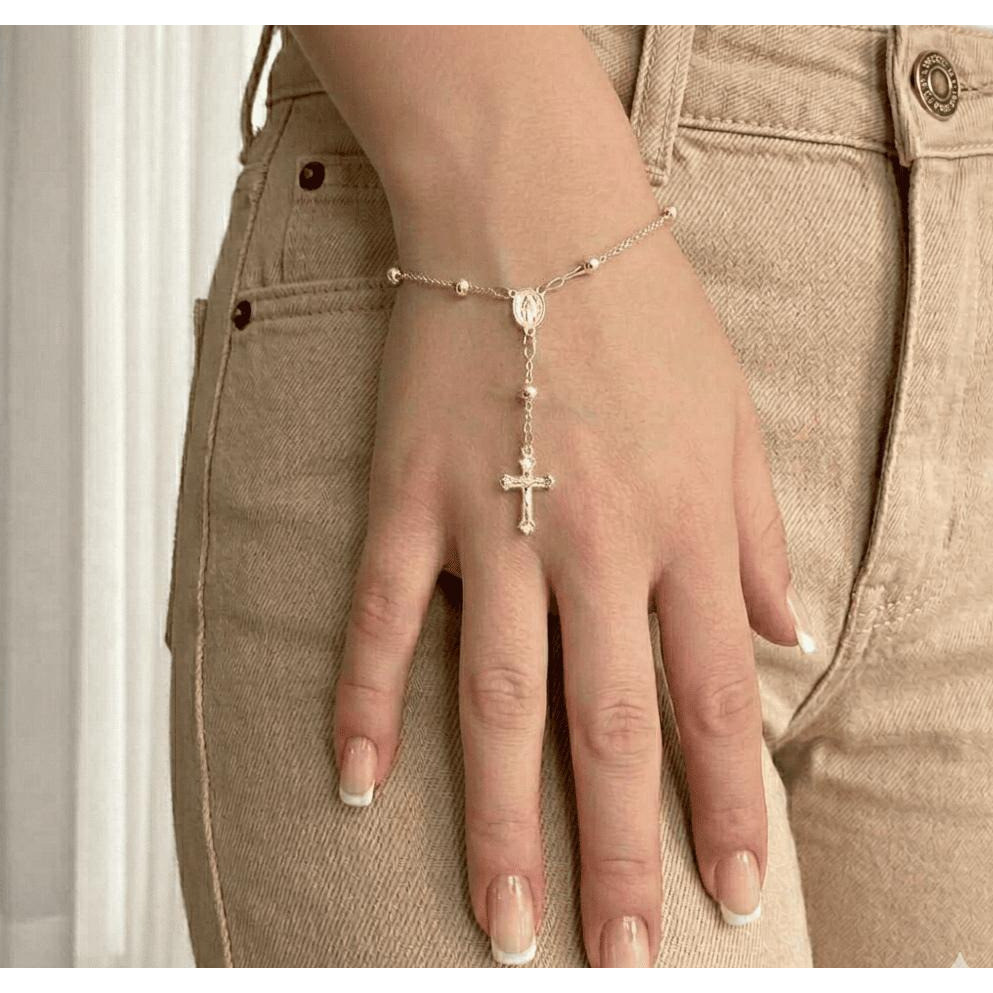 Pulseira Terço Nossa Senhora Aparecida Cristão Folheado Dourado e Prateado Elegante para Mulheres