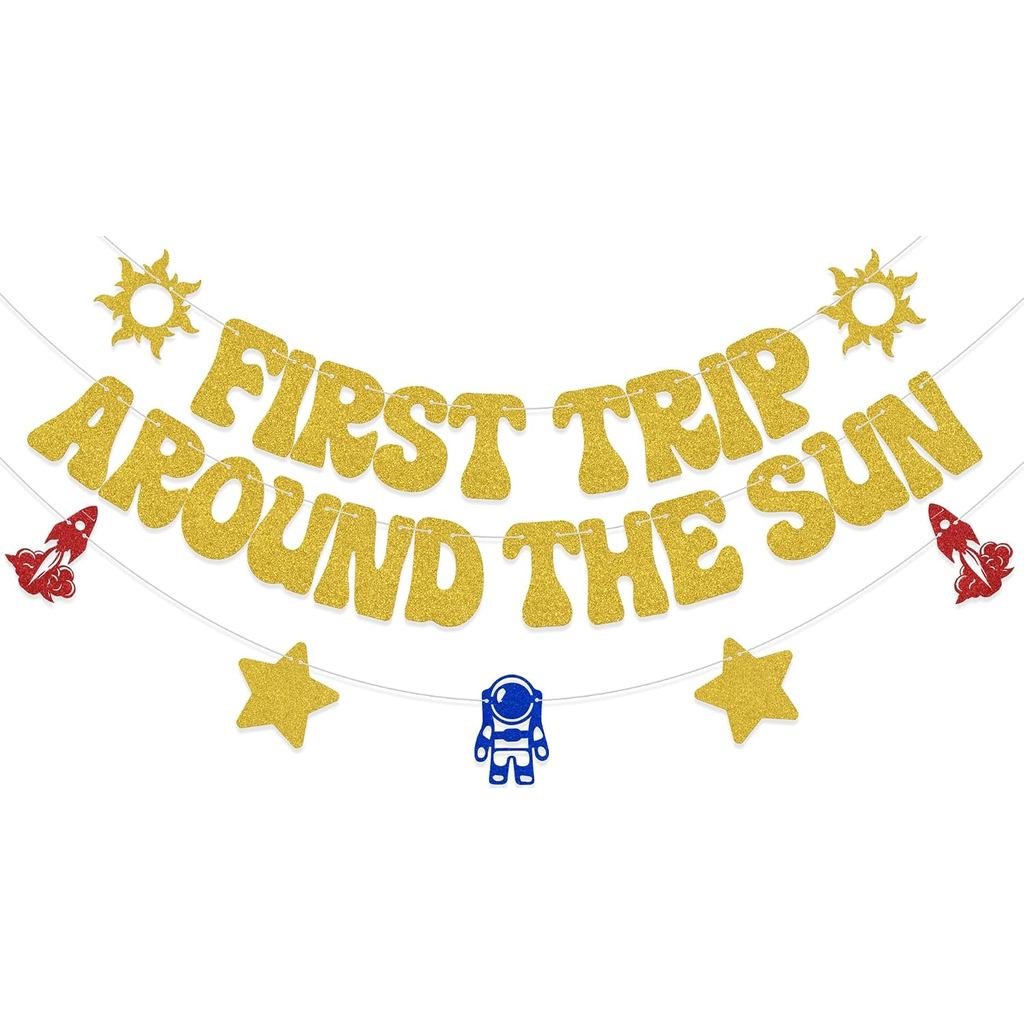 First Trip Around The Sun Banner Outerspace Theme 1st Birthday Decoration For Boy/Girls Cheers To 1 Years Old Birthday D