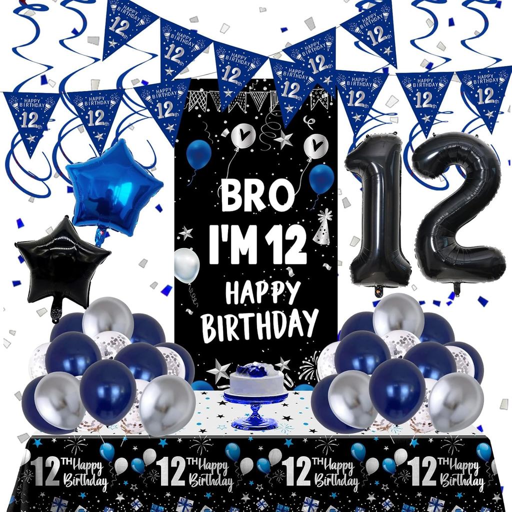 12th Birthday Decorations for Boys, Blue Black 12 Year Old Boy Birthday Decorations with Happy 12th Birthday Banner Back