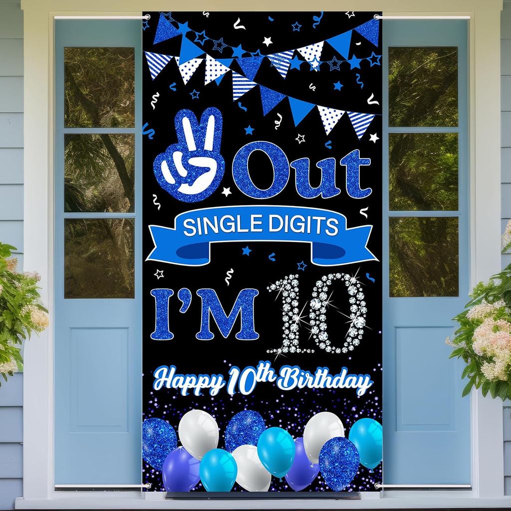 Out Single Digits I'm 10 Door Banner Blue Happy 10th Birthday Party Sign for Boys Ten Years Old Birthday Party Decoratio