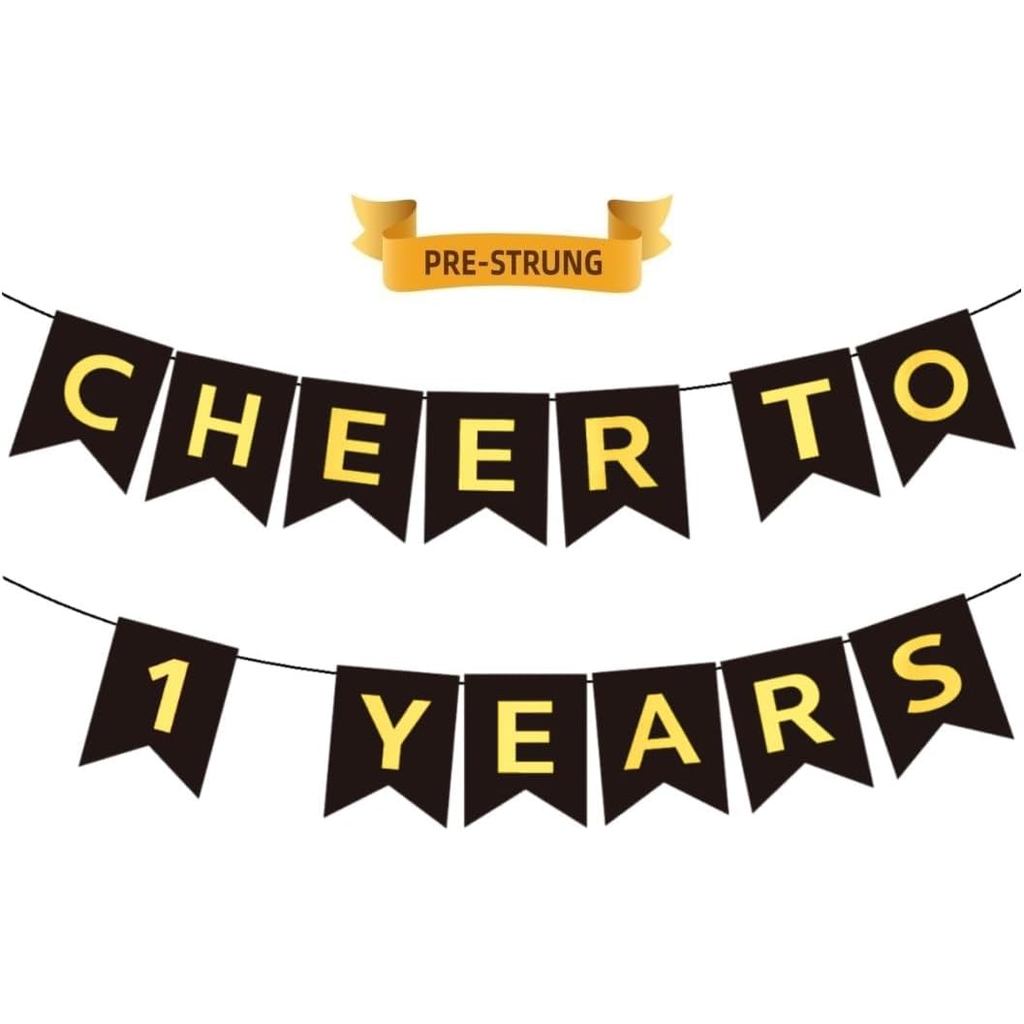 CHEERS TO 1 YEARS Banner, Pre-Strung, Black Gold 1st Birthday and Anniversary Party Decorations, Happy 1st Birthday Bann